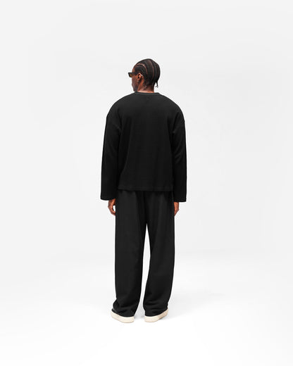 Initial Henley Waffle Long Sleeve T-Shirt - Jet Black