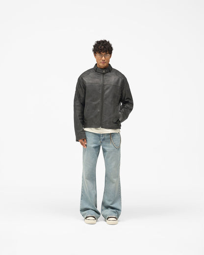 Flag Leather Bomber - Black