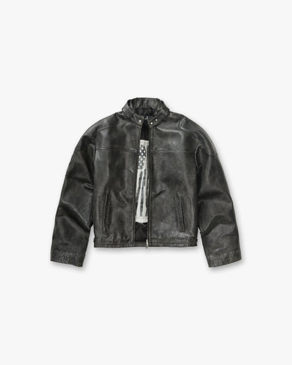 Flag Leather Bomber - Black