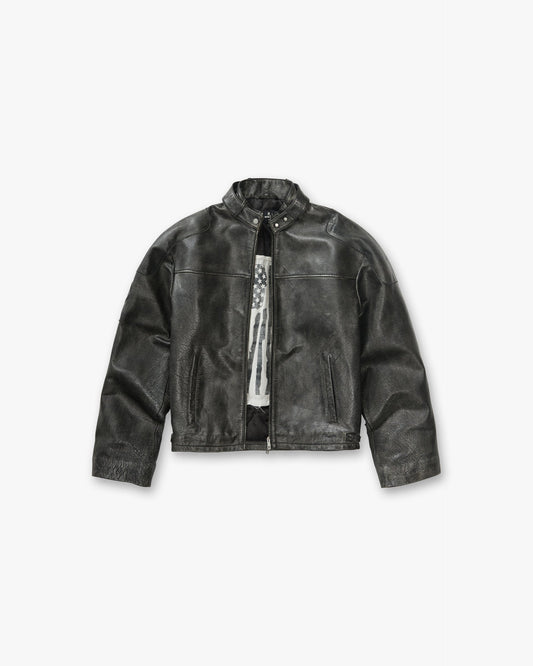 Flag Leather Bomber - Black
