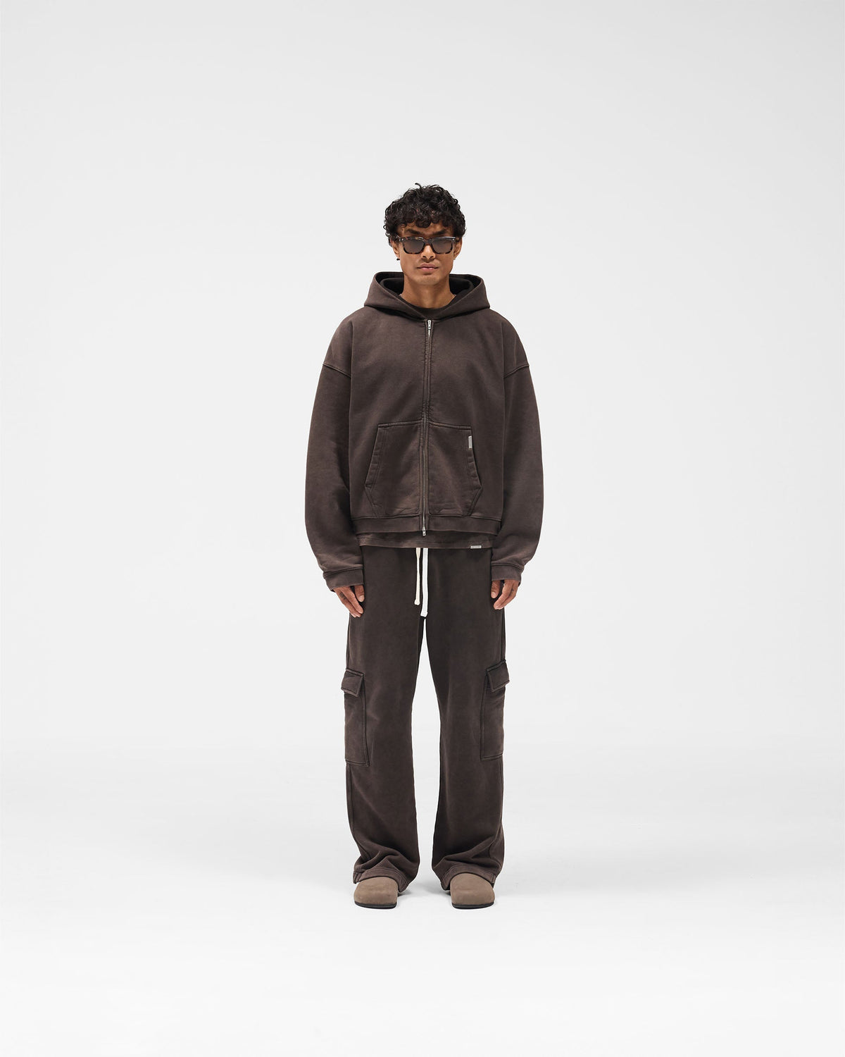 Initial Boxy Zip Through Hoodie - Coffee