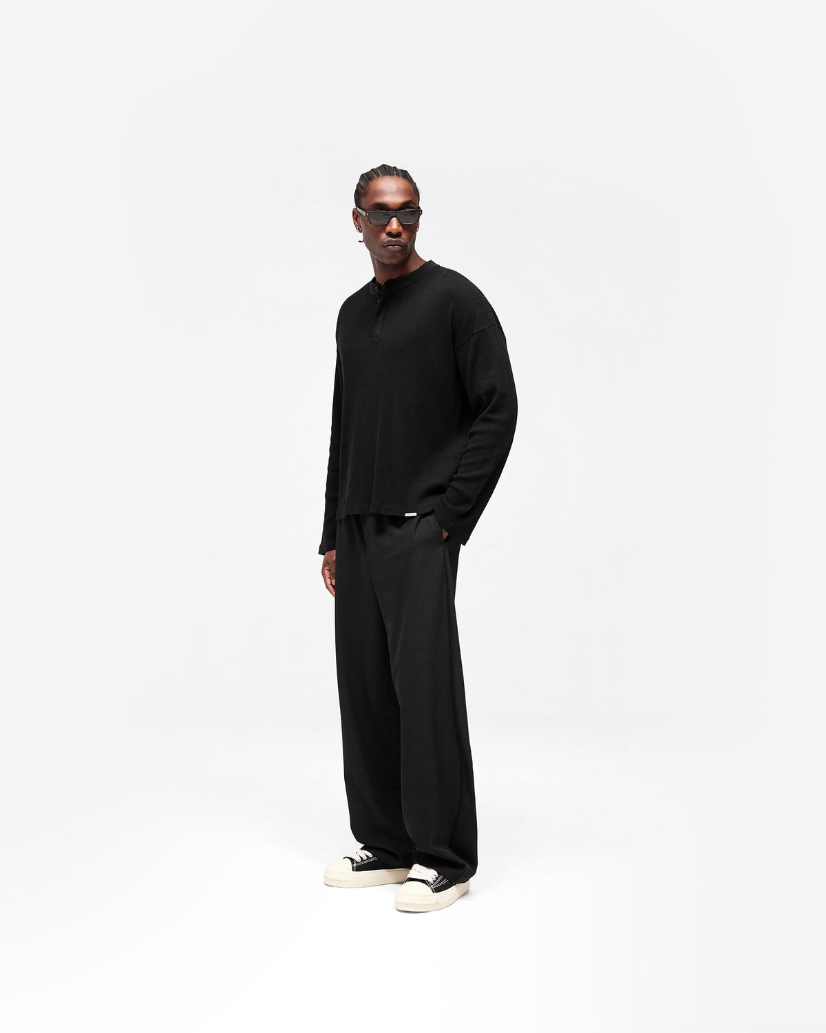 Initial Henley Waffle Long Sleeve T-Shirt - Jet Black
