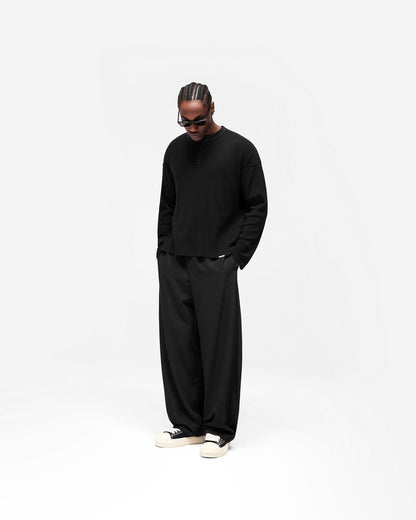 Initial Henley Waffle Long Sleeve T-Shirt - Jet Black